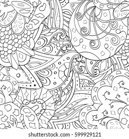 Tracery seamless calming pattern. Mehndi design. Ethnic monochrome binary doodle texture. Curved doodling black and white background. Vector.