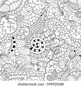 Tracery seamless calming pattern. Mehndi design. Ethnic monochrome binary doodle texture. Curved doodling black and white background. Vector.