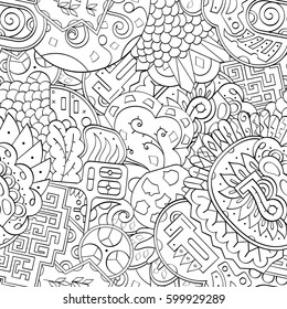 Tracery seamless calming pattern. Mehndi design. Ethnic monochrome binary doodle texture. Curved doodling black and white background. Vector.