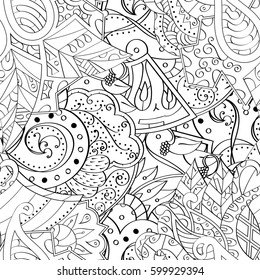Tracery seamless calming pattern. Mehndi design. Ethnic monochrome binary doodle texture. Curved doodling black and white background. Vector.