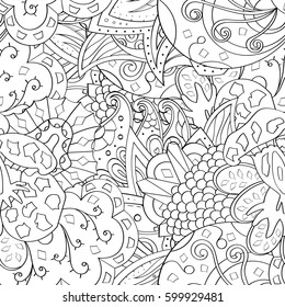 Tracery seamless calming pattern. Mehndi design. Ethnic monochrome binary doodle texture. Curved doodling black and white background. Vector.