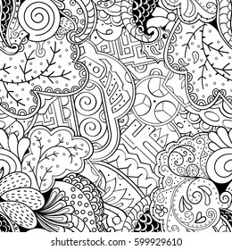 Tracery seamless calming pattern. Mehndi design. Ethnic monochrome binary doodle texture. Curved doodling black and white background. Vector.
