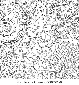 Tracery seamless calming pattern. Mehndi design. Ethnic monochrome binary doodle texture. Curved doodling black and white background. Vector.