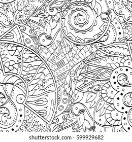 Tracery seamless calming pattern. Mehndi design. Ethnic monochrome binary doodle texture. Curved doodling black and white background. Vector.