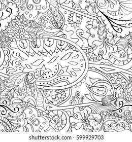 Tracery seamless calming pattern. Mehndi design. Ethnic monochrome binary doodle texture. Curved doodling black and white background. Vector.