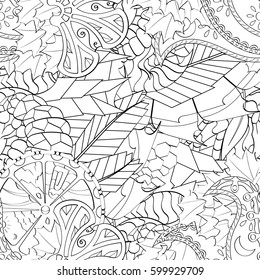Tracery seamless calming pattern. Mehndi design. Ethnic monochrome binary doodle texture. Curved doodling black and white background. Vector.