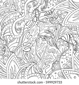 Tracery seamless calming pattern. Mehndi design. Ethnic monochrome binary doodle texture. Curved doodling black and white background. Vector.