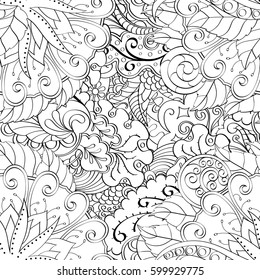 Tracery seamless calming pattern. Mehndi design. Ethnic monochrome binary doodle texture. Curved doodling black and white background. Vector.
