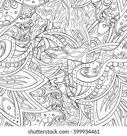 Tracery seamless calming pattern. Mehndi design. Ethnic monochrome binary doodle texture. Curved doodling black and white background. Vector.