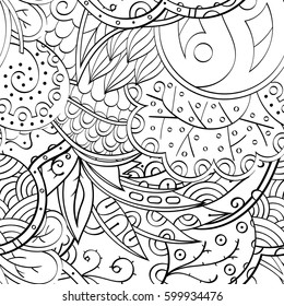 Tracery seamless calming pattern. Mehndi design. Ethnic monochrome binary doodle texture. Curved doodling black and white background. Vector.