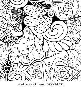 Tracery seamless calming pattern. Mehndi design. Ethnic monochrome binary doodle texture. Curved doodling black and white background. Vector.