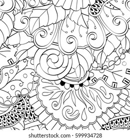 Tracery seamless calming pattern. Mehndi design. Ethnic monochrome binary doodle texture. Curved doodling black and white background. Vector.