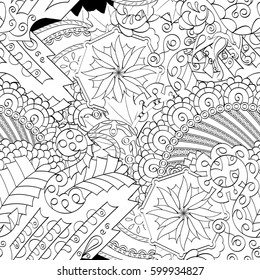 Tracery seamless calming pattern. Mehndi design. Ethnic monochrome binary doodle texture. Curved doodling black and white background. Vector.