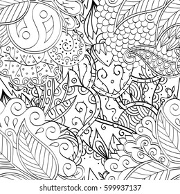 Tracery seamless calming pattern. Mehndi design. Ethnic monochrome binary doodle texture. Curved doodling black and white background. Vector.