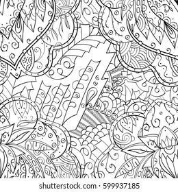 Tracery seamless calming pattern. Mehndi design. Ethnic monochrome binary doodle texture. Curved doodling black and white background. Vector.