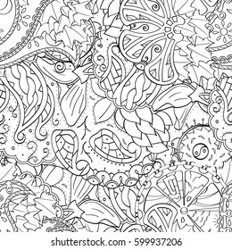Tracery seamless calming pattern. Mehndi design. Ethnic monochrome binary doodle texture. Curved doodling black and white background. Vector.