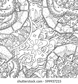 Tracery seamless calming pattern. Mehndi design. Ethnic monochrome binary doodle texture. Curved doodling black and white background. Vector.