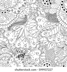 Tracery seamless calming pattern. Mehndi design. Ethnic monochrome binary doodle texture. Curved doodling black and white background. Vector.