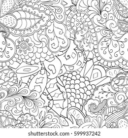 Tracery seamless calming pattern. Mehndi design. Ethnic monochrome binary doodle texture. Curved doodling black and white background. Vector.