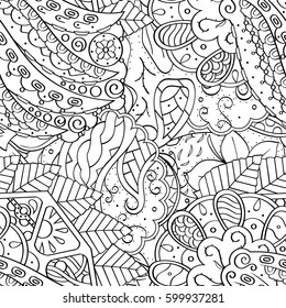 Tracery seamless calming pattern. Mehndi design. Ethnic monochrome binary doodle texture. Curved doodling black and white background. Vector.
