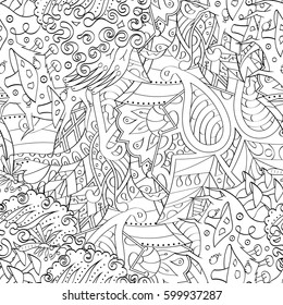 Tracery seamless calming pattern. Mehndi design. Ethnic monochrome binary doodle texture. Curved doodling black and white background. Vector.