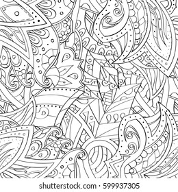 Tracery seamless calming pattern. Mehndi design. Ethnic monochrome binary doodle texture. Curved doodling black and white background. Vector.