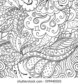 Tracery seamless calming pattern. Mehndi design. Ethnic monochrome binary doodle texture. Curved doodling black and white background. Vector.