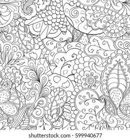 Tracery seamless calming pattern. Mehndi design. Ethnic monochrome binary doodle texture. Curved doodling black and white background. Vector.
