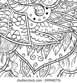 Tracery seamless calming pattern. Mehndi design. Ethnic monochrome binary doodle texture. Curved doodling black and white background. Vector.