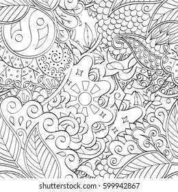 Tracery seamless calming pattern. Mehndi design. Ethnic monochrome binary doodle texture. Curved doodling black and white background. Vector.