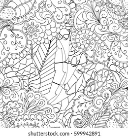 Tracery seamless calming pattern. Mehndi design. Ethnic monochrome binary doodle texture. Curved doodling black and white background. Vector.