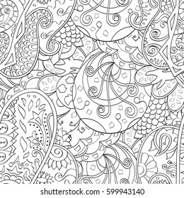 Tracery seamless calming pattern. Mehndi design. Ethnic monochrome binary doodle texture. Curved doodling black and white background. Vector.
