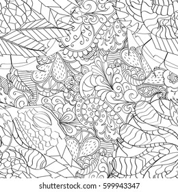Tracery seamless calming pattern. Mehndi design. Ethnic monochrome binary doodle texture. Curved doodling black and white background. Vector.
