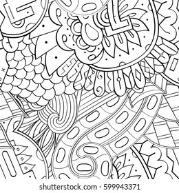 Tracery seamless calming pattern. Mehndi design. Ethnic monochrome binary doodle texture. Curved doodling black and white background. Vector.