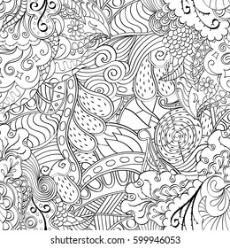Tracery seamless calming pattern. Mehndi design. Ethnic monochrome binary doodle texture. Curved doodling black and white background. Vector.