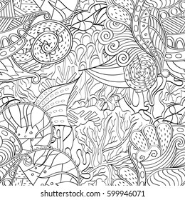 Tracery seamless calming pattern. Mehndi design. Ethnic monochrome binary doodle texture. Curved doodling black and white background. Vector.