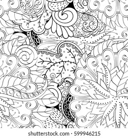 Tracery seamless calming pattern. Mehndi design. Ethnic monochrome binary doodle texture. Curved doodling black and white background. Vector.