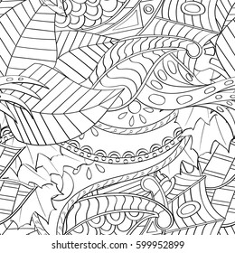 Tracery seamless calming pattern. Mehndi design. Ethnic monochrome binary doodle texture. Curved doodling black and white background. Vector.