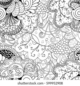 Tracery seamless calming pattern. Mehndi design. Ethnic monochrome binary doodle texture. Curved doodling black and white background. Vector.