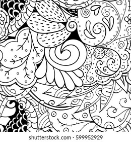 Tracery seamless calming pattern. Mehndi design. Ethnic monochrome binary doodle texture. Curved doodling black and white background. Vector.