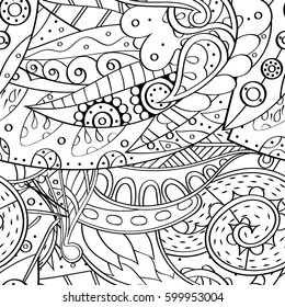 Tracery seamless calming pattern. Mehndi design. Ethnic monochrome binary doodle texture. Curved doodling black and white background. Vector.