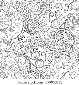 Tracery seamless calming pattern. Mehndi design. Ethnic monochrome binary doodle texture. Curved doodling black and white background. Vector.