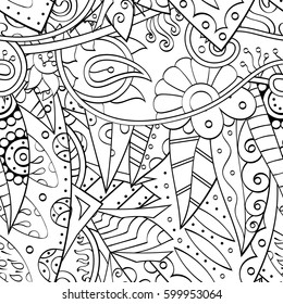 Tracery seamless calming pattern. Mehndi design. Ethnic monochrome binary doodle texture. Curved doodling black and white background. Vector.