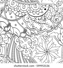 Tracery seamless calming pattern. Mehndi design. Ethnic monochrome binary doodle texture. Curved doodling black and white background. Vector.