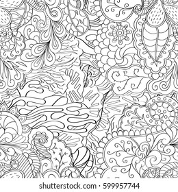 Tracery seamless calming pattern. Mehndi design. Ethnic monochrome binary doodle texture. Curved doodling black and white background. Vector.