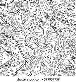Tracery seamless calming pattern. Mehndi design. Ethnic monochrome binary doodle texture. Curved doodling black and white background. Vector.