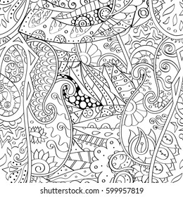 Tracery seamless calming pattern. Mehndi design. Ethnic monochrome binary doodle texture. Curved doodling black and white background. Vector.