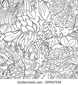 Tracery seamless calming pattern. Mehndi design. Ethnic monochrome binary doodle texture. Curved doodling black and white background. Vector.