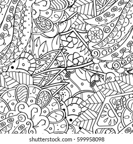 Tracery seamless calming pattern. Mehndi design. Ethnic monochrome binary doodle texture. Curved doodling black and white background. Vector.