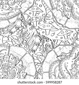 Tracery seamless calming pattern. Mehndi design. Ethnic monochrome binary doodle texture. Curved doodling black and white background. Vector.